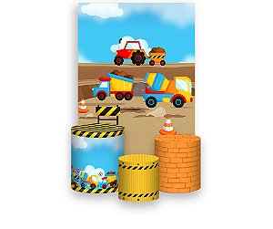 Painel De Festa Vertical 1,50 x 2,20 + Trio De Capas Cilindro - Área de  Construção Carrinhos 006