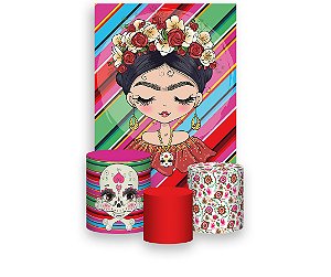 Painel De Festa Vertical 1,50 x 2,20 + Trio De Capas Cilindro - Frida Kahlo Cute 002