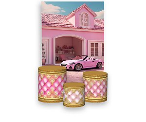 Painel De Festa Vertical 1,50 x 2,20 + Trio De Capas Cilindro - Boneca Rosa Casa com Carro Rosa 008
