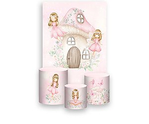 Painel De Festa Vertical 1,50 x 2,20 + Trio De Capas Cilindro - Fadas Jardim Rosa Aquarela 016