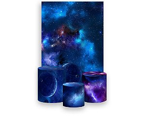 Painel De Festa Vertical 1,50 x 2,20 + Trio De Capas Cilindro - Planetas Galáxia Azul 008