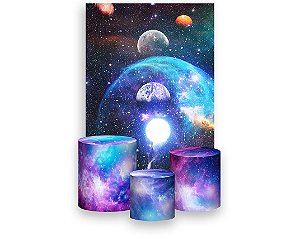 Painel De Festa Vertical 1,50 x 2,20 + Trio De Capas Cilindro - Planetas Galáxia Efeito Iluminado 009