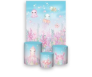 Painel De Festa Vertical 1,50 x 2,20 + Trio De Capas Cilindro - Fundo do Mar Rosa Cute 003