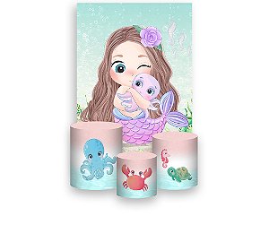 Painel De Festa Vertical 1,50 x 2,20 + Trio De Capas Cilindro - Sereia Baby Cute 005