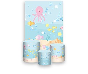 Painel De Festa Vertical 1,50 x 2,20 + Trio De Capas Cilindro - Fundo do Mar Desenho Vida Marinha 010