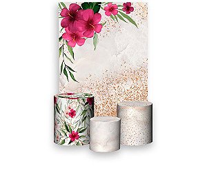 Painel De Festa Vertical 1,50 x 2,20 + Trio De Capas Cilindro - Flores Rosas Efeito Glitter 004