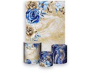 Painel De Festa Vertical 1,50 x 2,20 + Trio De Capas Cilindro - Floral Azul e Dourado 007