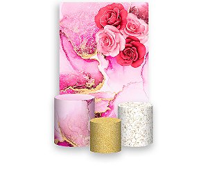 Painel De Festa Vertical 1,50 x 2,20 + Trio De Capas Cilindro - Flores Efeito Mármore Pink 008