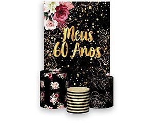 Painel De Festa Vertical 1,50 x 2,20 + Trio De Capas Cilindro - Meus 60 Anos Floral Efeito Brilhos 017