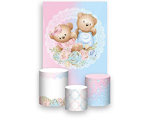Painel De Festa Vertical 1,50 x 2,20 + Trio De Capas Cilindro - Ursinhos Azul e Rosa com Flores 039