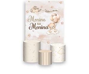 Painel De Festa Vertical 1,50 x 2,20 + Trio De Capas Cilindro - Ursinho Bege Revelação Menino ou Menina 040