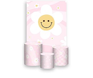 Painel De Festa Vertical 1,50 x 2,20 + Trio De Capas Cilindro - Flor Sorridente Fundo Rosa Suave 048
