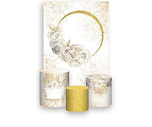 Painel De Festa Vertical 1,50 x 2,20 + Trio De Capas Cilindro - Flores Brancas com Frame Dourado 056