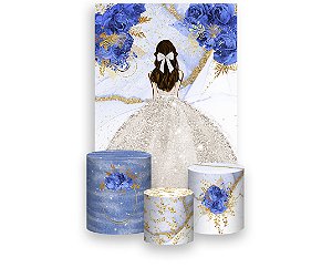Painel De Festa Vertical 1,50 x 2,20 + Trio De Capas Cilindro - Princesa Vestido Branco com Flores Azuis 059