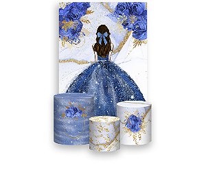 Painel De Festa Vertical 1,50 x 2,20 + Trio De Capas Cilindro - Princesa Vestido e Flores Azuis 060