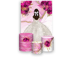 Painel De Festa Vertical 1,50 x 2,20 + Trio De Capas Cilindro - Princesa Vestido Branco com Flores Pink 063