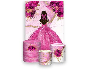 Painel De Festa Vertical 1,50 x 2,20 + Trio De Capas Cilindro - Princesa Vestido e Flores Pink 064