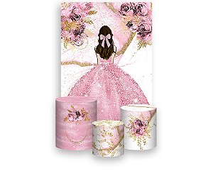 Painel De Festa Vertical 1,50 x 2,20 + Trio De Capas Cilindro - Princesa Vestido e Flores Rosa 066