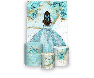 Painel De Festa Vertical 1,50 x 2,20 + Trio De Capas Cilindro - Princesa Vestido e Flores Esverdeado 068