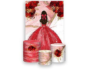 Painel De Festa Vertical 1,50 x 2,20 + Trio De Capas Cilindro - Princesa Vestido e Flores Vermelhas 070