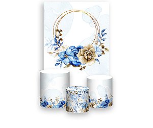 Painel De Festa Vertical 1,50 x 2,20 + Trio De Capas Cilindro - Floral Azul com Dourado 095