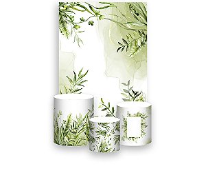 Painel De Festa Vertical 1,50 x 2,20 + Trio De Capas Cilindro - Folhagens Verde com Dourado 100