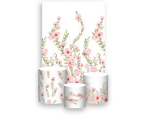 Painel De Festa Vertical 1,50 x 2,20 + Trio De Capas Cilindro - Flores Rosas Suave 106