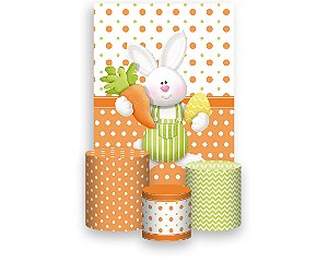 Painel De Festa Vertical 1,50 x 2,20 + Trio De Capas Cilindro - Coelho da Páscoa Verde e Laranja 010