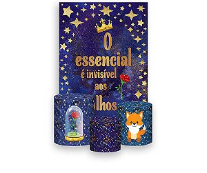 Painel De Festa Vertical 1,50 x 2,20 + Trio De Capas Cilindro - Pequeno Príncipe Azul Com Dourado 010