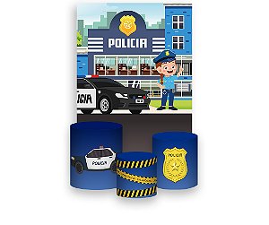 Painel De Festa Vertical 1,50 x 2,20 + Trio De Capas Cilindro - Policia Menina Cute 019