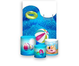 Painel De Festa Vertical 1,50 x 2,20 + Trio De Capas Cilindro - Pool Party Piscina Flamingo 007