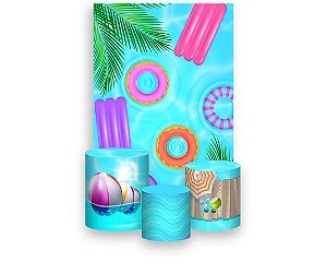 Painel De Festa Vertical 1,50 x 2,20 + Trio De Capas Cilindro - Pool Party Piscina Com Boias 010