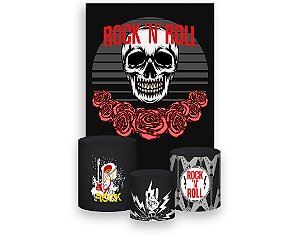 Painel De Festa Vertical 1,50 x 2,20 + Trio De Capas Cilindro - Rock and Roll Caveiras Rosas Vermelhas 024