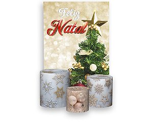 Painel De Festa Vertical 1,50 x 2,20 + Trio De Capas Cilindro - Natal Dourado Com Árvore 003