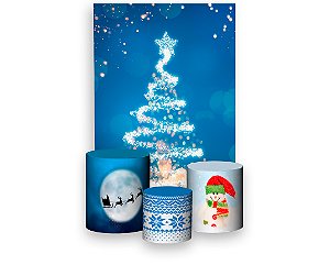 Painel De Festa Vertical 1,50 x 2,20 + Trio De Capas Cilindro - Árvore Natal Azul 008