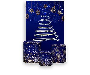 Painel De Festa Vertical 1,50 x 2,20 + Trio De Capas Cilindro - Árvore Natal Azul 021