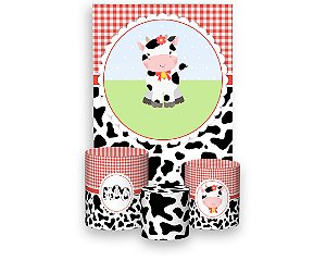 Painel De Festa Vertical 1,50 x 2,20 + Trio De Capas Cilindro - Fazendinha Vaquinha Xadrez Vermelho 024