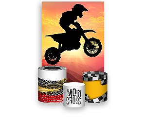 Painel De Festa Vertical 1,50 x 2,20 + Trio De Capas Cilindro - Motocross Por do Sol 001