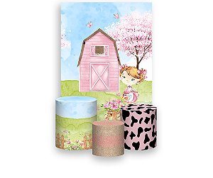 Painel De Festa Vertical 1,50 x 2,20 + Trio De Capas Cilindro - Fazendinha Rosa Menina 028