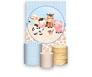 Painel De Festa Vertical 1,50 x 2,20 + Trio De Capas Cilindro - Animais Fazendinha Azul e Bege 034