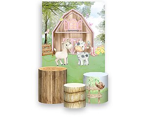 Painel De Festa Vertical 1,50 x 2,20 + Trio De Capas Cilindro - Animais Cute na Fazendinha 035