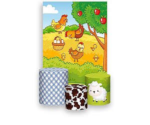 Painel De Festa Vertical 1,50 x 2,20 + Trio De Capas Cilindro - Fazendinha Animais Cute 037