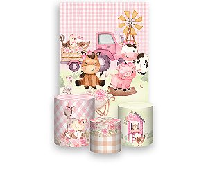 Painel De Festa Vertical 1,50 x 2,20 + Trio De Capas Cilindro - Animais Cute Fazendinha Rosa 051