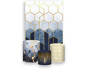Painel De Festa Vertical 1,50 x 2,20 + Trio De Capas Cilindro - Geométrico Azul com Dourado 001