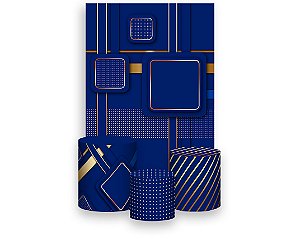 Painel De Festa Vertical 1,50 x 2,20 + Trio De Capas Cilindro - Azul com Geométrico Dourado 002