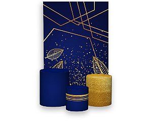 Painel De Festa Vertical 1,50 x 2,20 + Trio De Capas Cilindro - Azul Geométrico Dourado Efeito Glitter 008