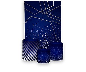 Painel De Festa Vertical 1,50 x 2,20 + Trio De Capas Cilindro -  Azul com Geométrico Prateado 010
