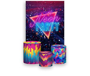 Painel De Festa Vertical 1,50 x 2,20 + Trio De Capas Cilindro - Efeito Neon Party Colorido 002