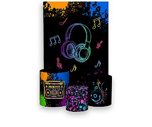 Painel De Festa Vertical 1,50 x 2,20 + Trio De Capas Cilindro - Headphone Efeito Neon 003