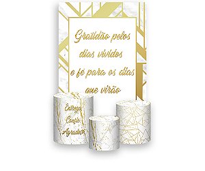 Painel De Festa Vertical 1,50 x 2,20 + Trio De Capas Cilindro - Branco com Geométrico Dourado 015